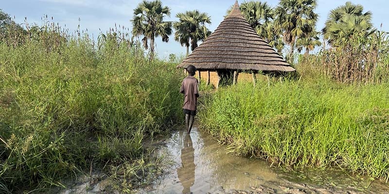 South Sudan, a child stands in the middle of receding flood waters