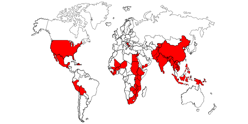 This map of the world depicts countries that are using learning evidence to continuously improve programs in red. Some of the countries in red (not all) are: the U.S., Mexico, Peru, Bolivia, China, India, Pakistan, Afghanistan, Niger, Sudan, Mali, South Africa and others. Image credit: Save the Children. 