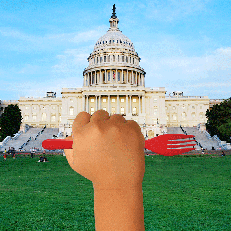 A fist holding a fork in front of the capitol building.