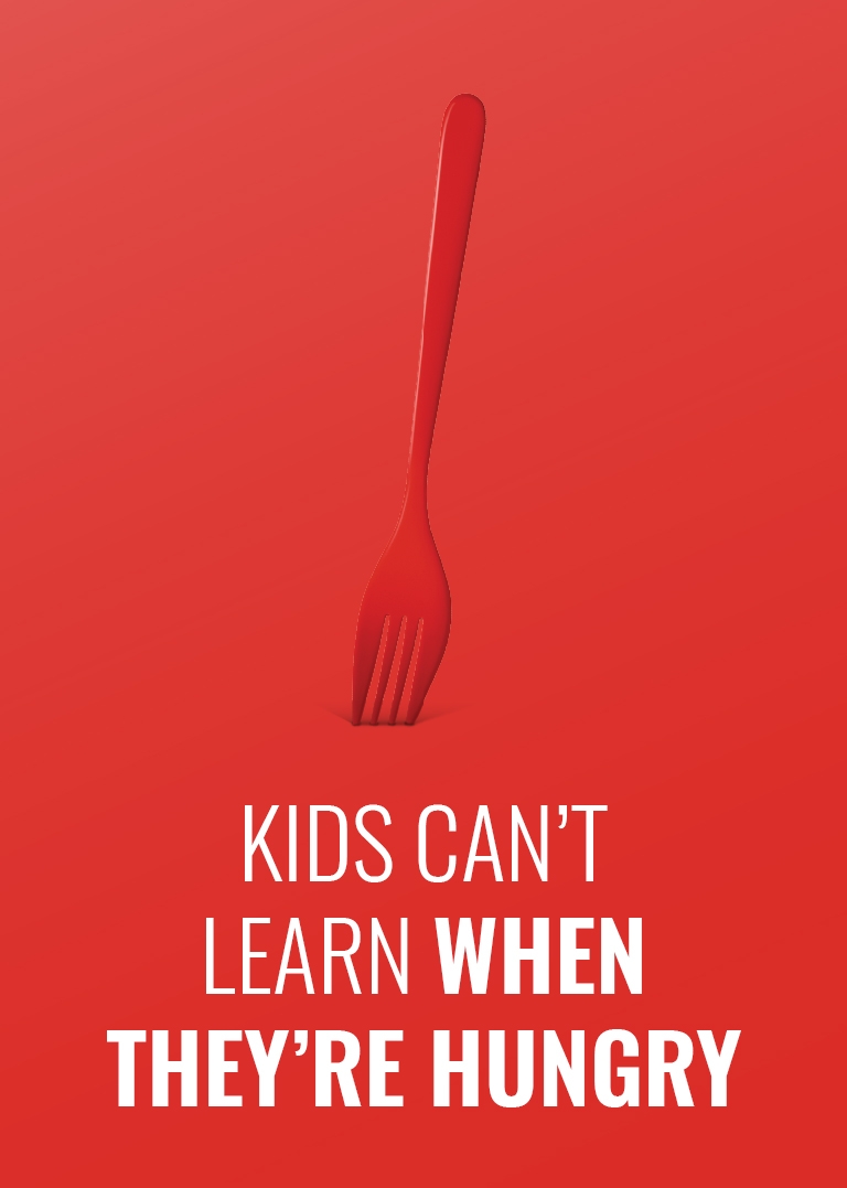 Kids can't learn when they're hungry printed on a red background. 