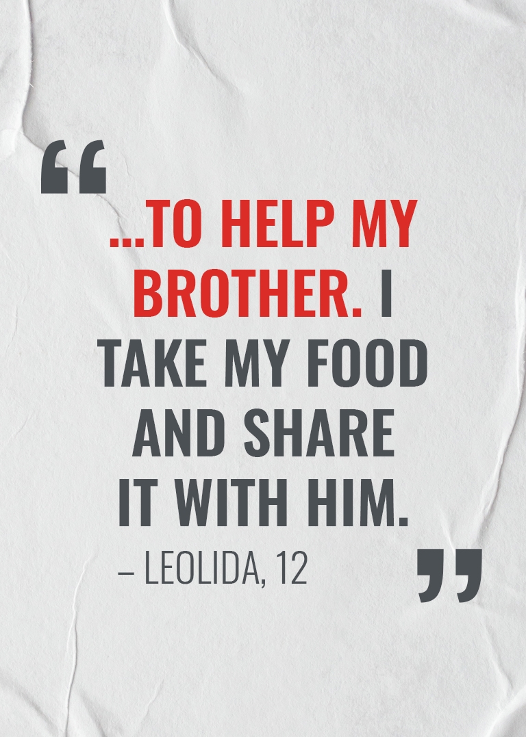To help my brother. I take my food and share it with him. 