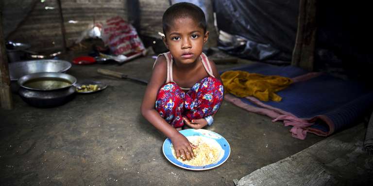 This five-year-old girl fled Myanmar with her family when their village was attacked. They’re now living in a makeshift camp in Bangladesh. Children account for some 60% of the Rohingyas who've arrived in Bangladesh since the sudden and rapid escalation of violence in Myanmar. Photo Credit: GMB Akash/Save the Children, October 2017.