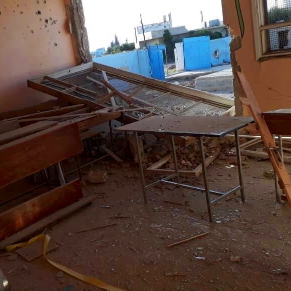 An airstrike destroyed this classroom in Dar’a, Syria. Image courtesy of Olive Branch Organization. Photo Credit: Olive Branch Organisation 2018.