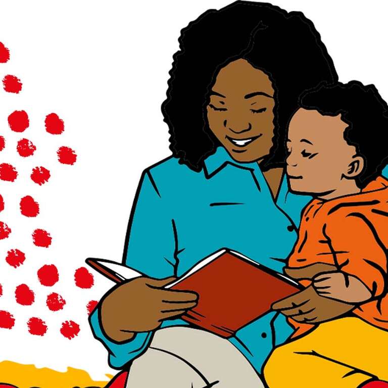 An illustration of a mother reading a book to her young child who is seated on her lap.