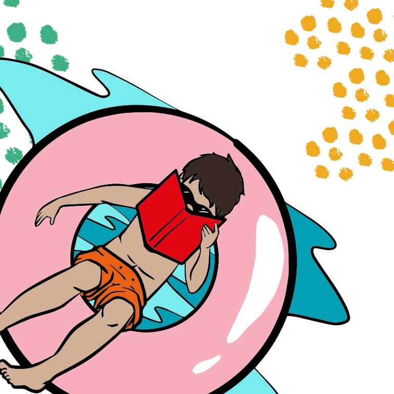 An illustration of a boy in a pool reading a book while sitting on a floating tube.