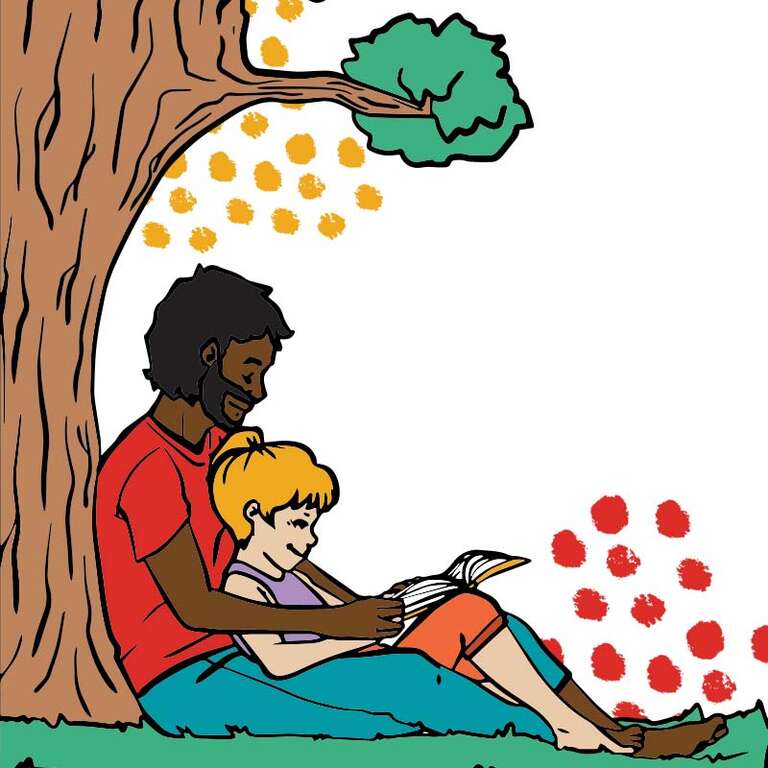 An illustration of a man sitting under a tree reading to a young boy.