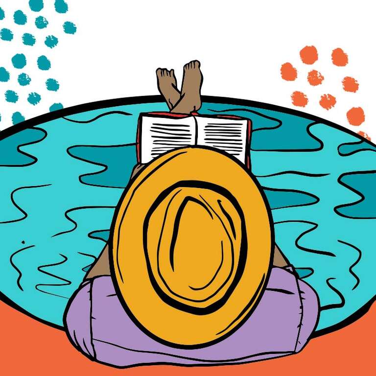 An illustration of a person enjoying a book while sitting near the water. 