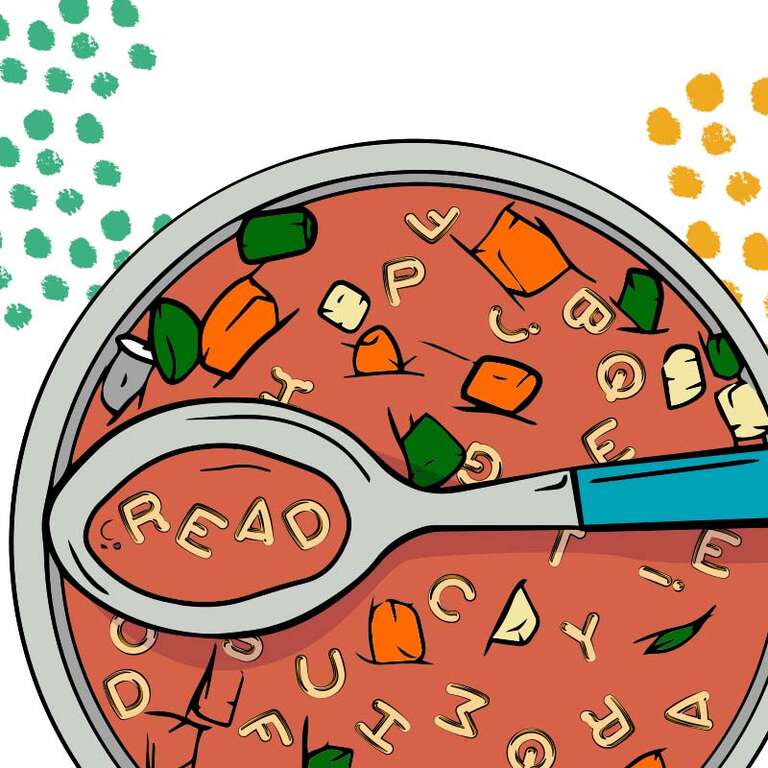 An illustration of alphabet soup with the letters spelling out read.