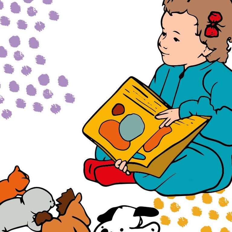 An illustration of a child sitting and holding a large picture book. 