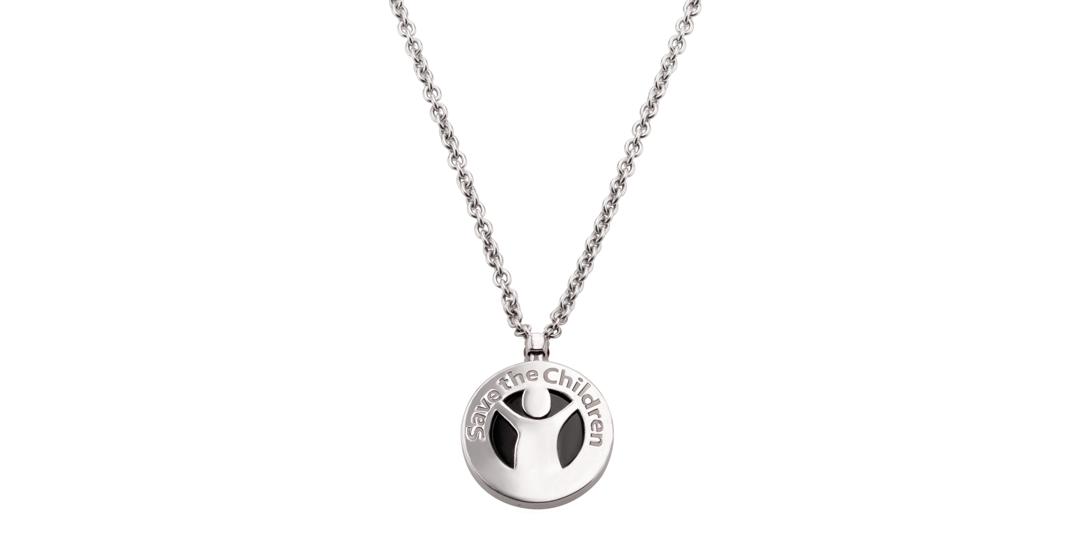 Since beginning its unique partnership in 2009 with Save the Children, Bvlgari has raised over $85 million globally through sales of an iconic Save the Children jewelry collection. This is a necklace with the Save the Children logo. Photo credit: Save the Children 2019.