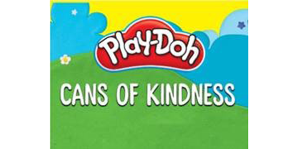 Illustration of the Play-Doh logo with the colors blue, yellow and green in the background and the words "Cans of Kindness" 