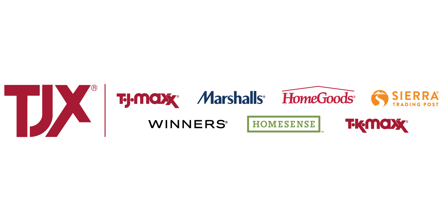 Collage of T.JX Brand Logos: T.J.Maxx, Marshalls, HomeGoods, Sierra, Winners, Homesense, T.K.Maxx