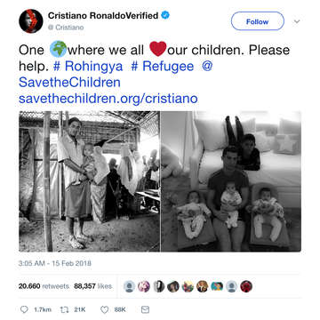 Twitter post by football star Cristiano Ronaldo who is supporting Save the Children’s Rohingya humanitarian response by urging people to help refugee children who have fled violence in Myanmar and are now living in camps and makeshift settlements in Bangladesh. February 15, 2018.