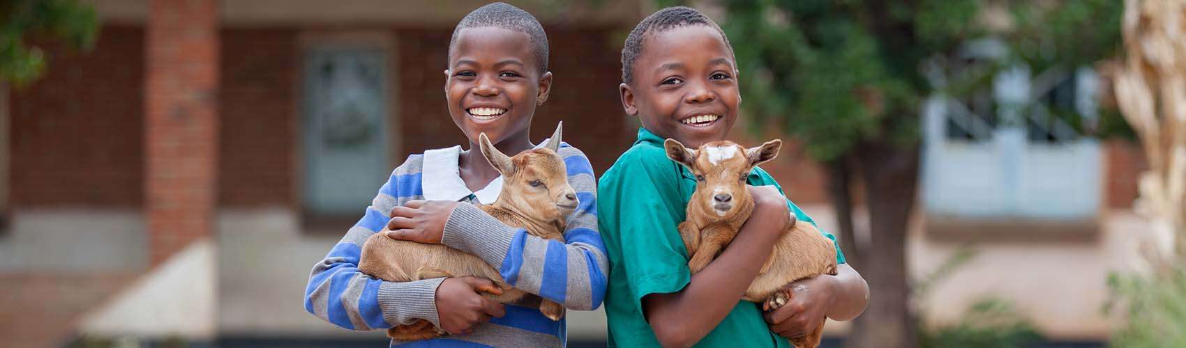 Two children standing holding goats.