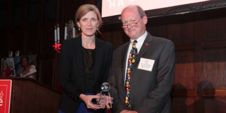 Samantha Power, left Former United Nations Ambassador receives the Refugee Advocate award from and Brad Irwin, right Save the Children Board Chair, at the Save the Children Boston Leadership Council’s Second Annual Gala on Friday, November 15, 2019, at the Harvard Club of Boston. 