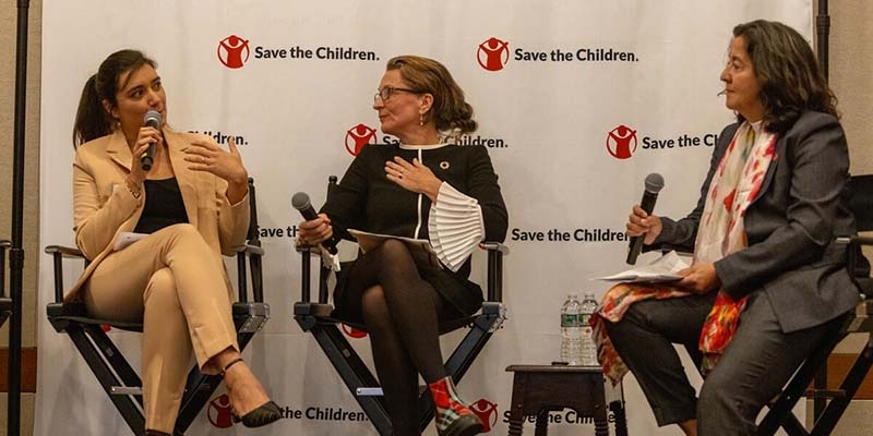  Save the Children US President and CEO Janti Soeripto, far right, moderates a panel discussion during the Catalyzing Change event on September 21, 2023 at the Harvard Club in New York City. 