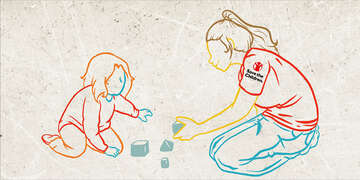 An illustration of a young Afghan refugee playing with blocks with a Save the Children staffer in a transit shelter. 