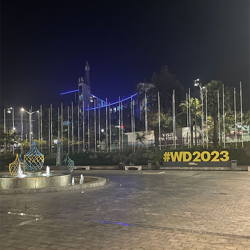 A scenic photo showing the #WD2023 sign for the Women Deliver Conference in Rwanda.