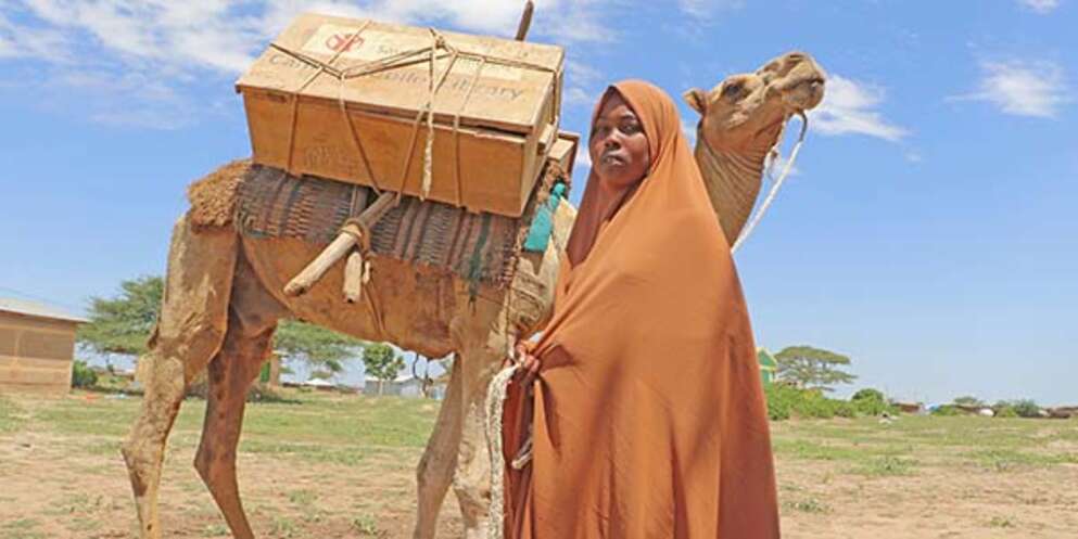 Maha, 13, is holding the lead to a camel, which carries a portable library on its back