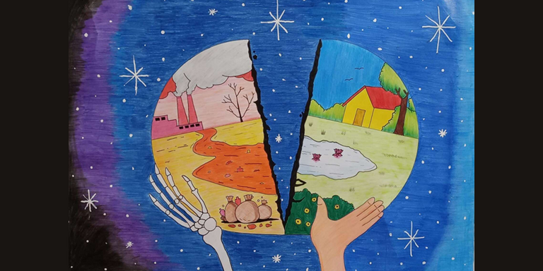 A colorful drawing showing the earth split in half, as created by a child to depict the climate crisis.