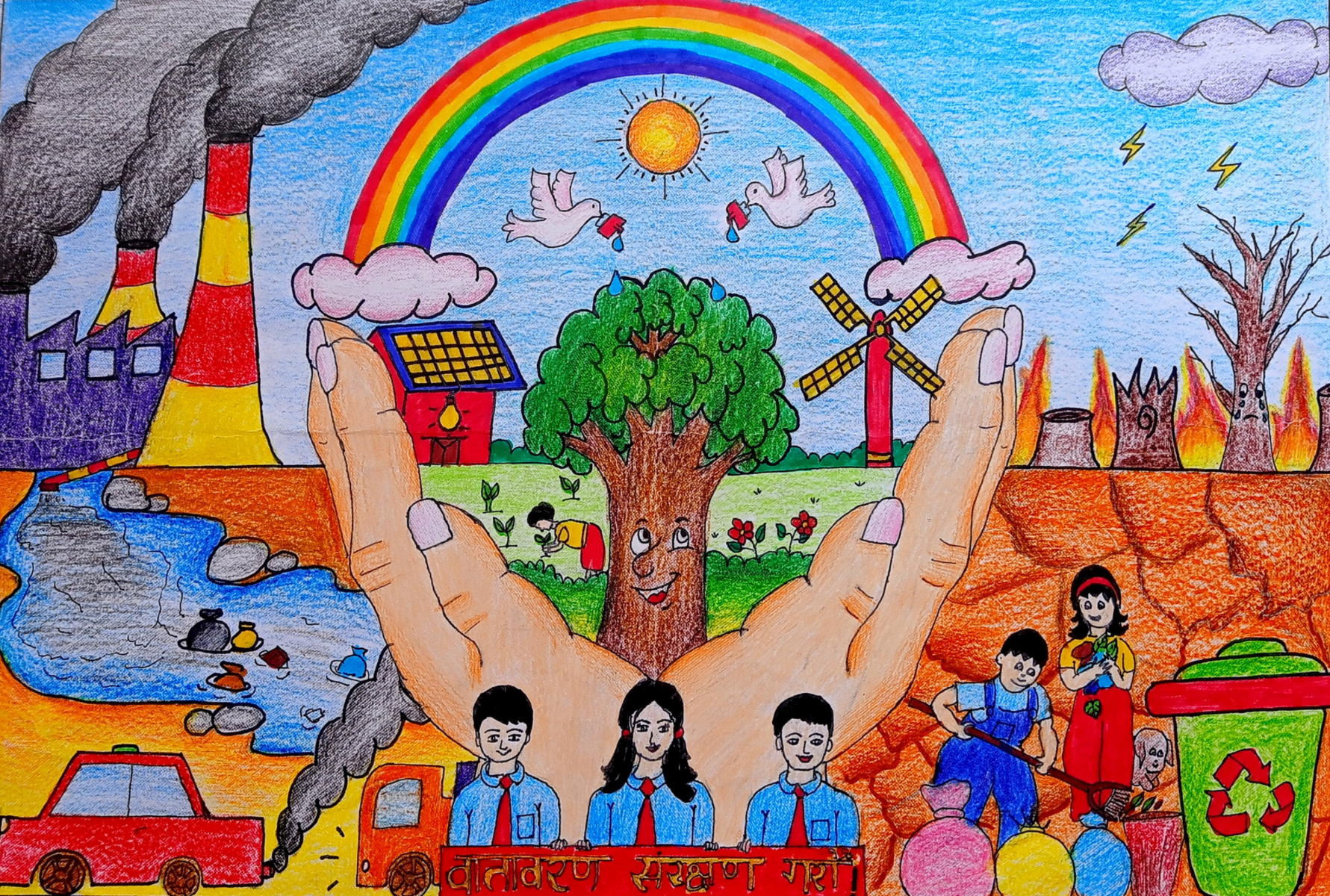 A children's drawing of the earth and a rainbow and the impacts of climate change. 