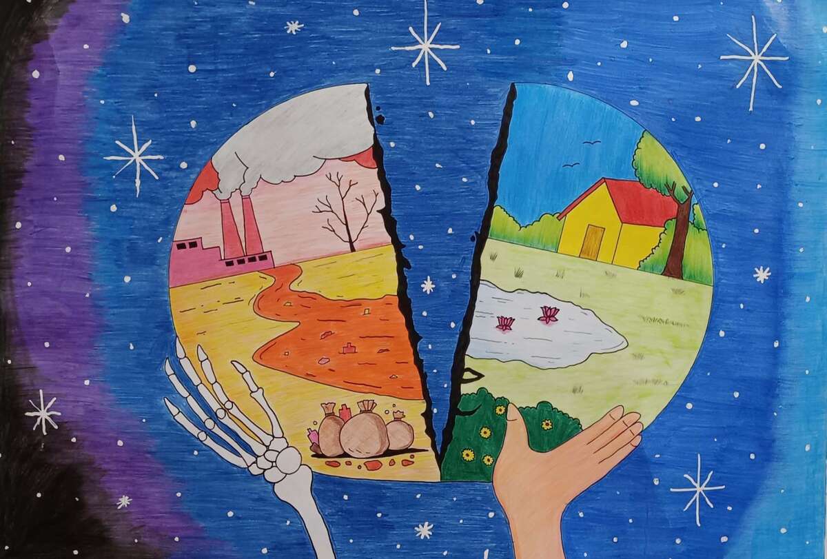 A children's drawing of two faces of earth in the universe, depicting his interpretation of the climate crisis.