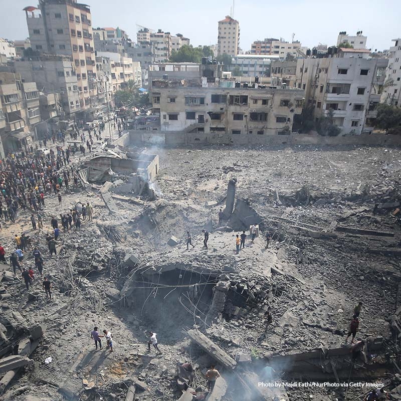 Palestinians inspect the damage in Gaza City on October 9, 2023. Photo by Majdi Fathi/NurPhoto via Getty Images.