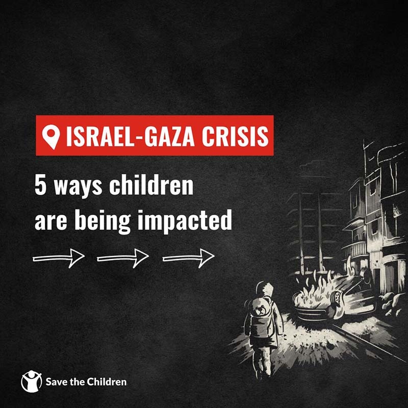 A graphic that reads: 5 Ways Children are Impacted by the Gaza Israel Conflict.