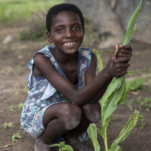 In Zimbabwe, a smiling young girl knees to the ground while holding a plant in her hands. 