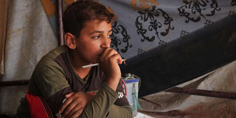 Ameen* is 12 years old, and lives with his mother and siblings in a camp in northern rural Idlib, North West Syria.  His family was displaced from their hometown in northern rural Hama numerous times due to the escalation in violence.