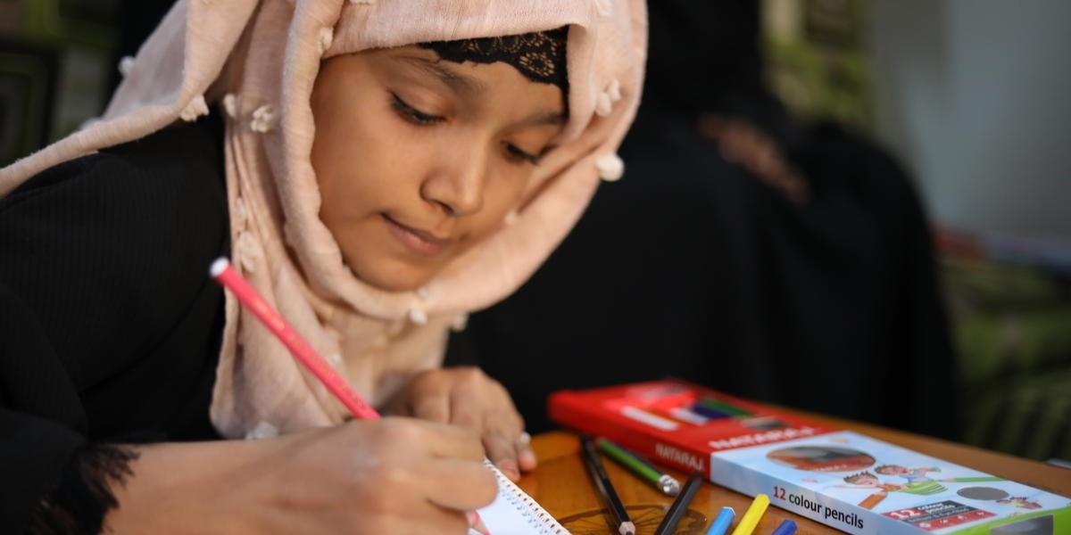 Sarah*, 13, had to stop attending school after the building was hit with explosive remnants and one of her friends was injured. She now attends a Save the Children Child Friendly Space to play and learn. *Name changed. Credit: Sami Jassar / Save the Children.