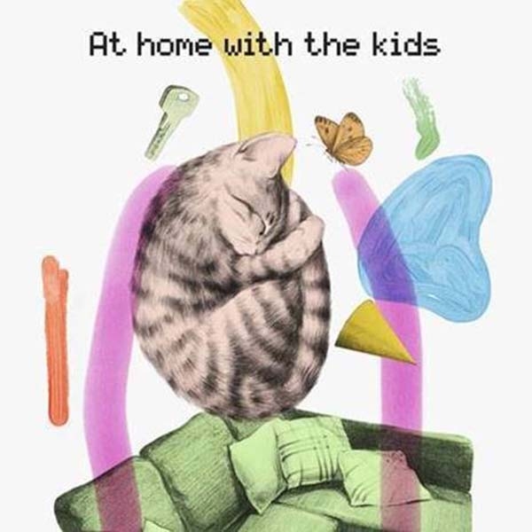 At Home With The Kids album cover featuring a cat, key, butterfly and couch illustration.