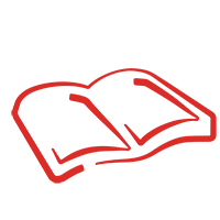 A red icon of an open book. 