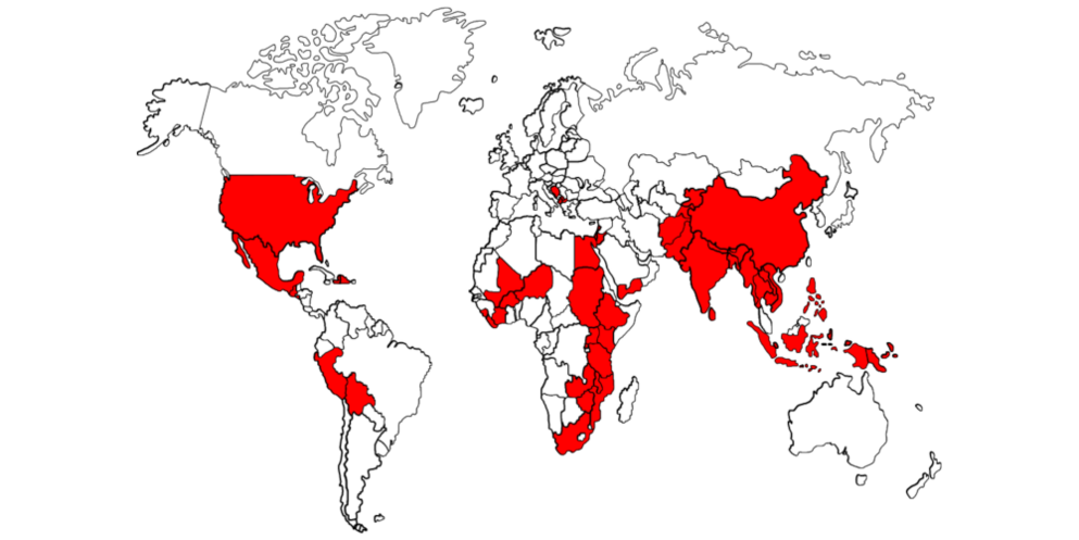 This map of the world depicts countries that are using learning evidence to continuously improve programs in red. Some of the countries in red (not all) are: the U.S., Mexico, Peru, Bolivia, China, India, Pakistan, Afghanistan, Niger, Sudan, Mali, South Africa and others. Image credit: Save the Children. 