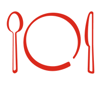 A red icon of a plate with spoon and knife. 