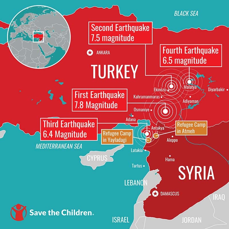 A map of Turkey and Syria showing where the 7.8 magnitude hit in relation to refugee camps near the borders.