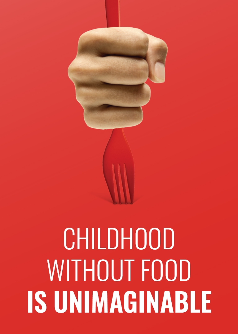 Childhood without food is umimaginable printed on a red background. 