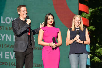 New York, NY Sept.23: (L-R) Hugh Evans, Demi Lovato and Carolyn Miles speak onstage during the 2017 Global Citizen Festival For Freedom. For Justice. For All. in Central Park to End Extreme Poverty.