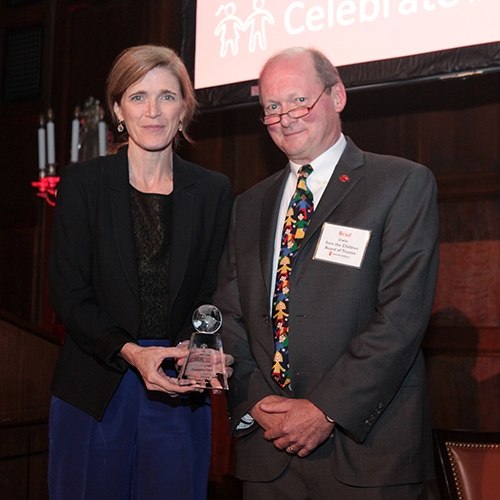 Samantha Power and Brad Irwin standing together at a Boston Leadership Council event.