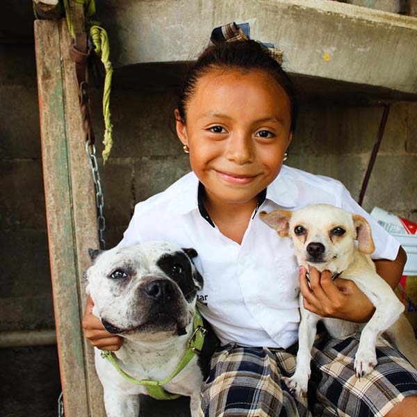 A sponsored child smiles as she holds two small dogs in Mexico.