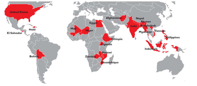 Map of the countries where you can sponsor a child through Save the Children