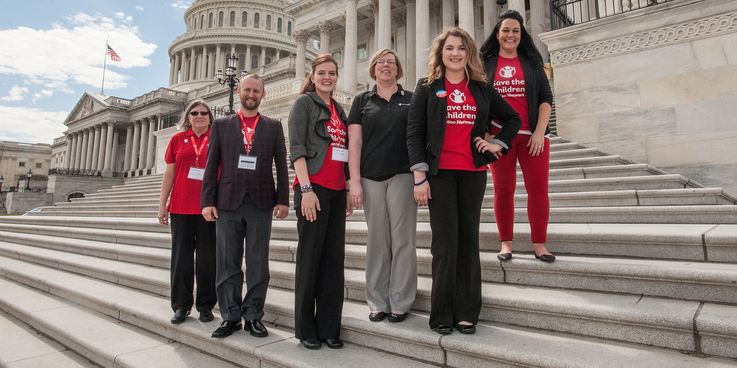 Save the Children staff pose on the steps near the capitol in Washington, D.C. during the 2017 Save the Children Advocacy Summit. Photo credit: Susan Warner/Save the Children, March 2017.