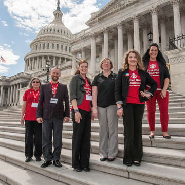 Save the Children staff pose on the steps near the capitol in Washington, D.C. during the 2017 Save the Children Advocacy Summit. Photo credit: Susan Warner/Save the Children, March 2017.