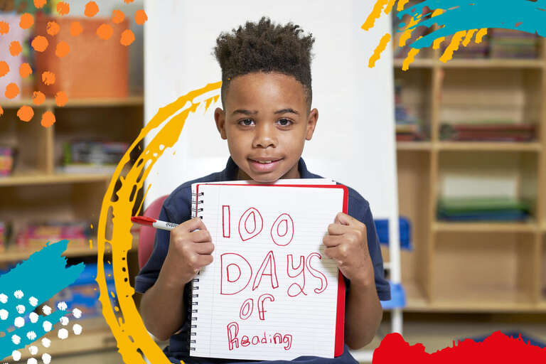 A boy holds a notebook with 100 Days of Reading written in red on the page. Colorful graphic brushstrokes are overlaid.