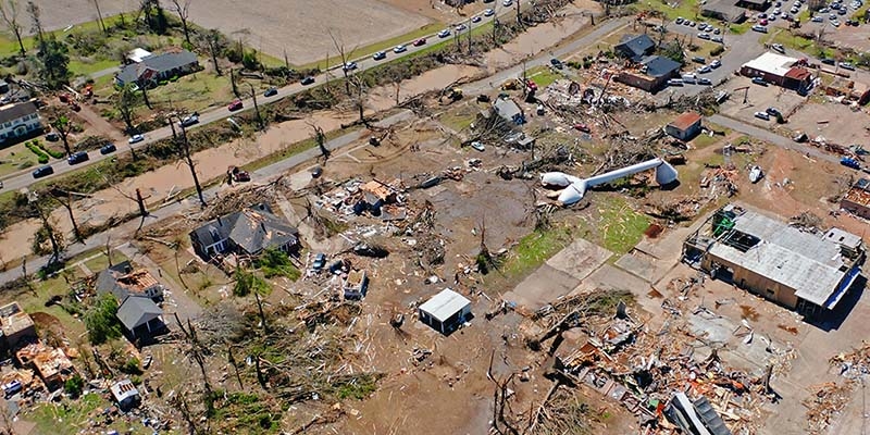 An ariel view of damage resulting from the deadly tornado that struck Mississippi.
