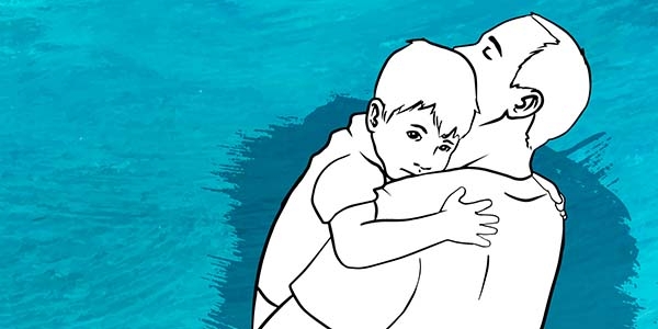 An illustration of a father comforting his young son by holding him in his arms tightly. 