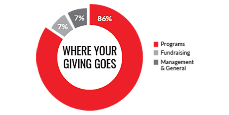 Pie graph displaying how 85% of every dollar goes directly to helping children.